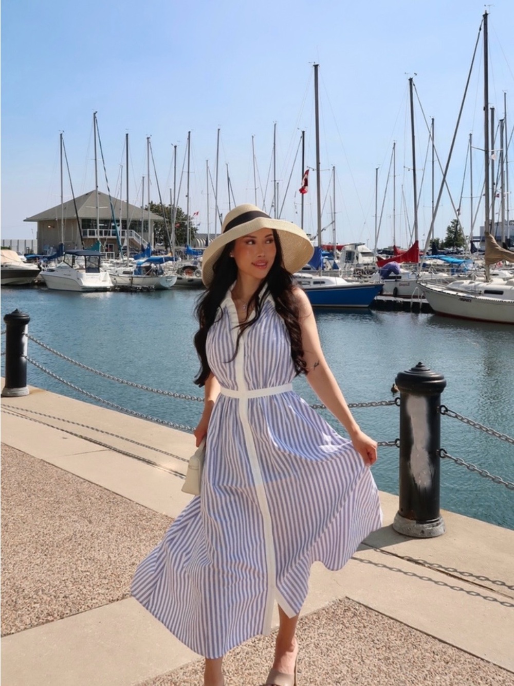 Blue and White Striped Halter Midi Dress - Picture 2 of 4